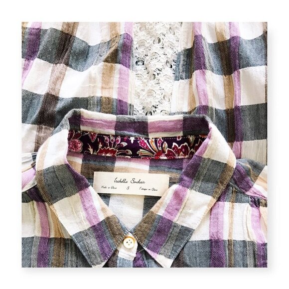 Anthropologie Isabella Sinclair plaid shirt with lace inserts. Size S - Picture 4 of 13